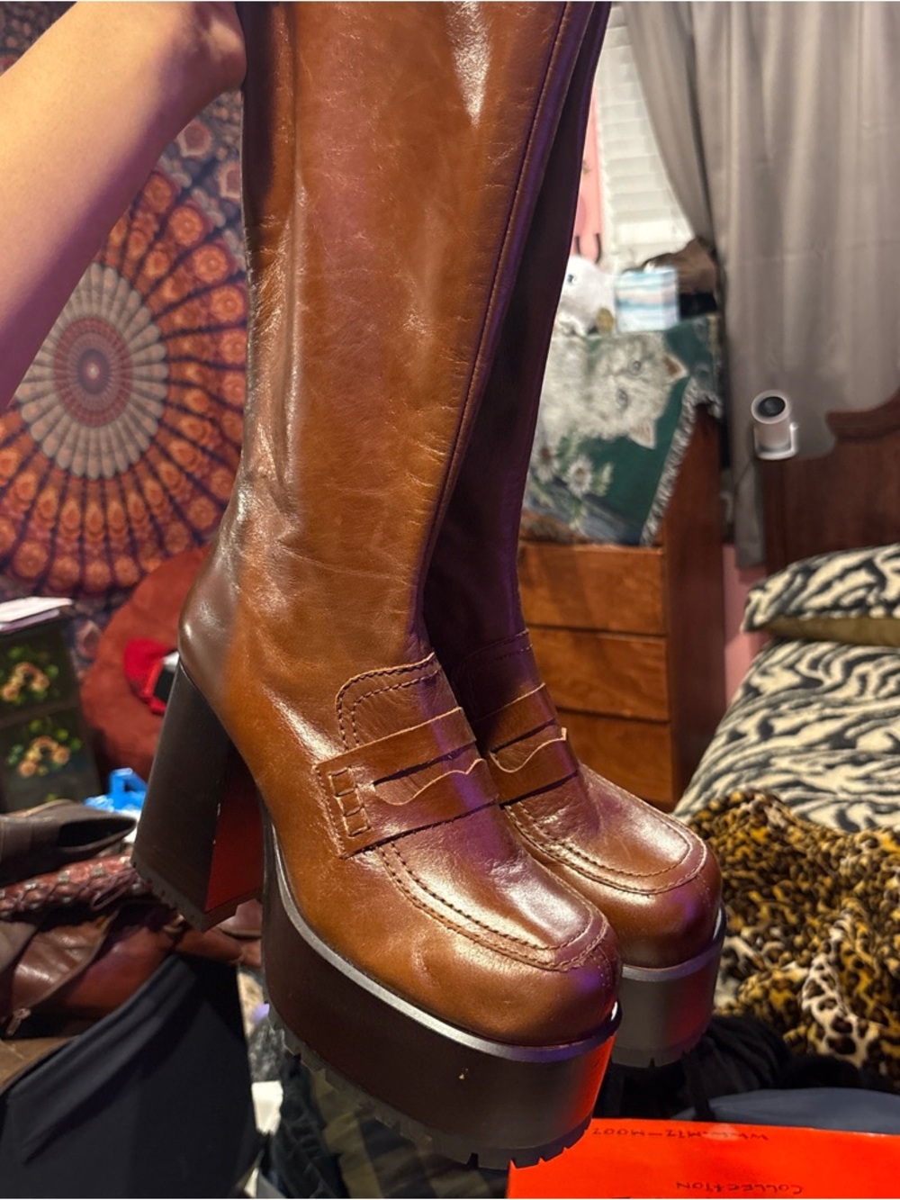 ASOS Brown Leather-Look Platform Knee-High Boots